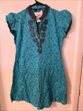Girls' Teal Floral Embroidered Casual Dress